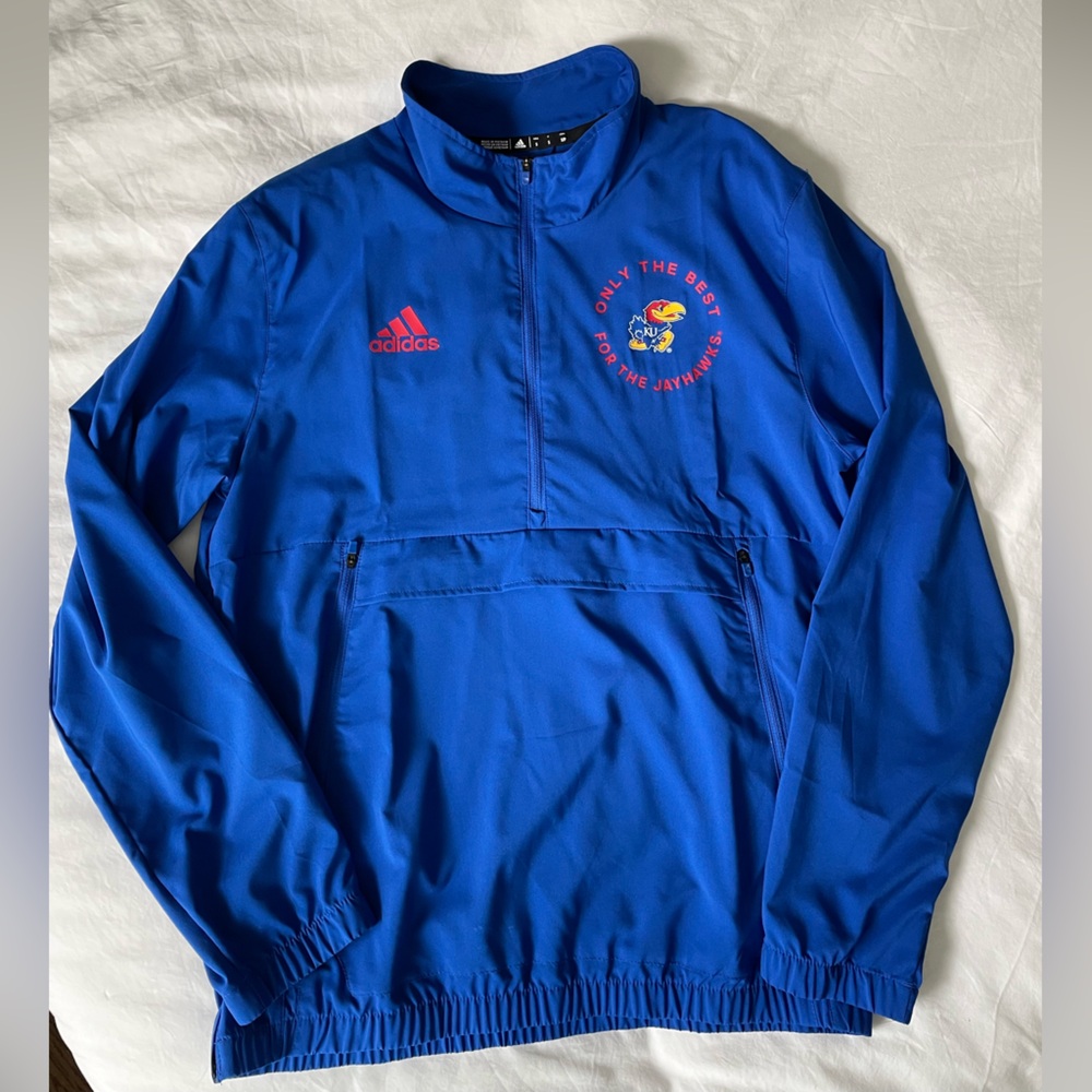 Adidas University of Kansas Jayhawks Blue Logo Long Sleeve Windbreaker Small